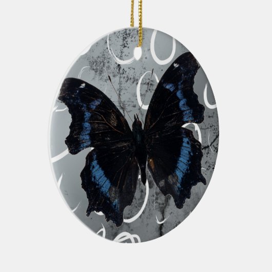 円が付いている銀製の地面の黒く及び青の蝶 セラミックオーナメント (右)
