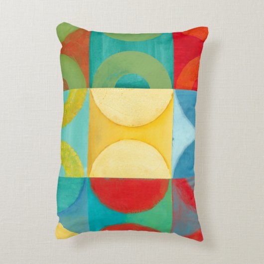 円とポップ・アートの正方形を使用した明るいアート アクセントクッション (裏面(縦))