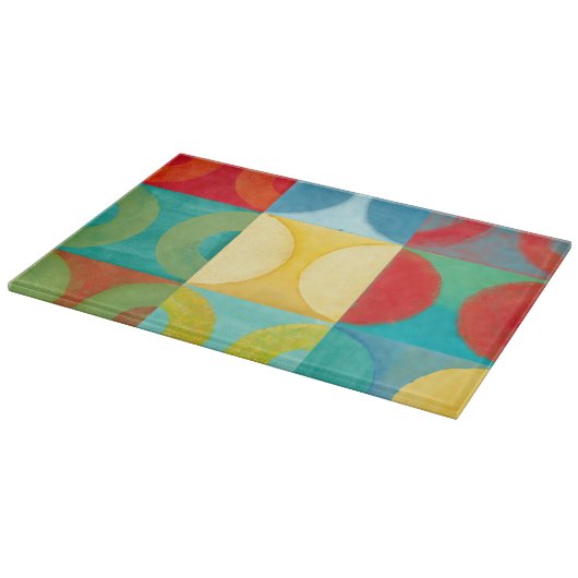 円とポップ・アートの正方形を使用した明るいアート カッティングボード (角)