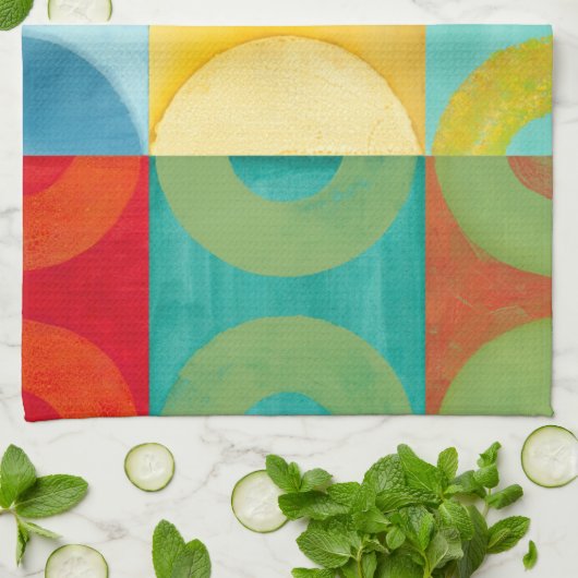 円とポップ・アートの正方形を使用した明るいアート キッチンタオル (折り畳み)