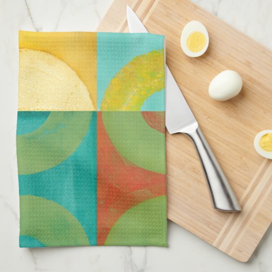 円とポップ・アートの正方形を使用した明るいアート キッチンタオル (四つ折り)