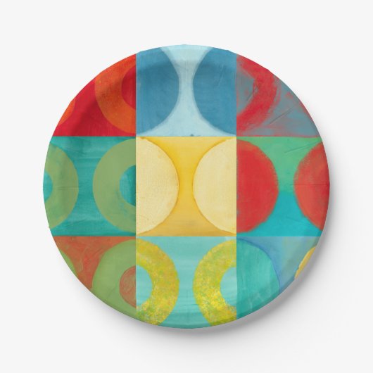 円とポップ・アートの正方形を使用した明るいアート ペーパープレート (正面)