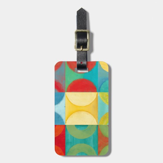 円とポップ・アートの正方形を使用した明るいアート ラゲッジタグ (正面縦)