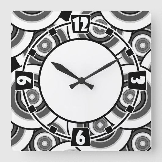 円とリングの幾何学的な白黒パターン スクエア壁時計 (正面)