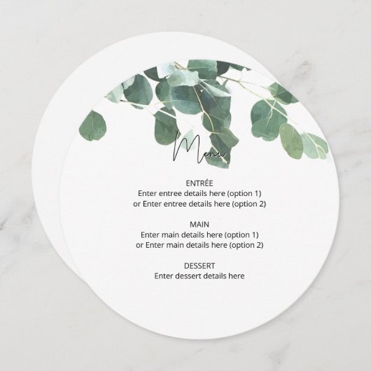 円の結婚プレートメニュー水の色ユーカリ 案内状 (正面/裏面)