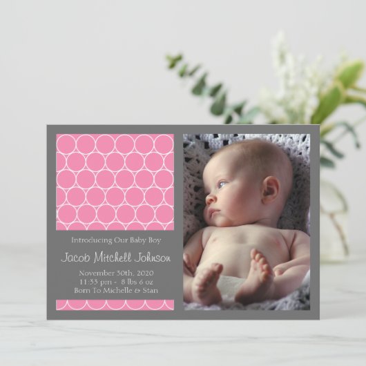 円の背景の新生児の発表(ピンク) 案内状 (スタンド正面)