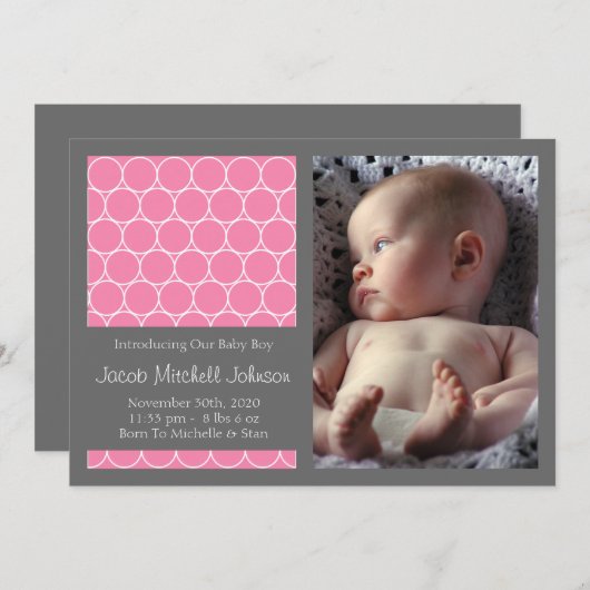 円の背景の新生児の発表(ピンク) 案内状 (正面/裏面)