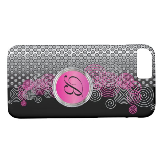 円の銀が付いている網の鋼鉄および黒のピンク Case-Mate iPhoneケース (裏面(横))