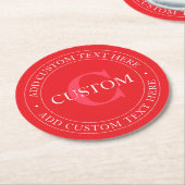 円エレガント形文字テンプレート編集可能な赤い白 ラウンドペーパーコースター (アングル)
