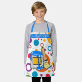 円カラフルと雑然と絵を描する缶とブラシ エプロン (着用した状態)