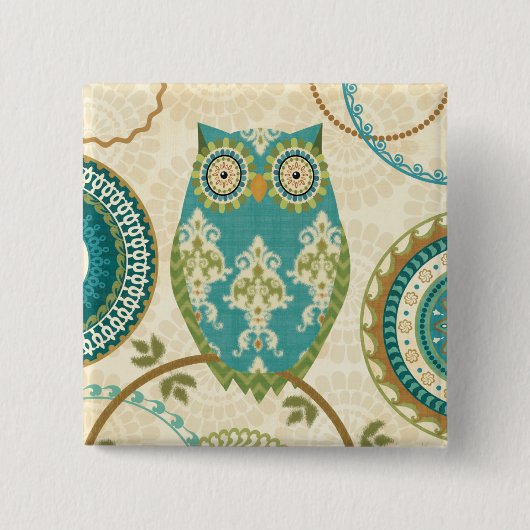 円パターンを持つフクロウ 缶バッジ (正面)