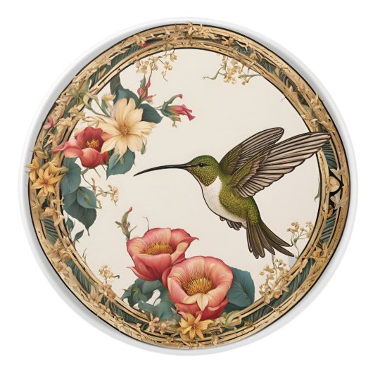 円ビクトリアンフローラ枠のハミングバード セラミックノブ (正面)
