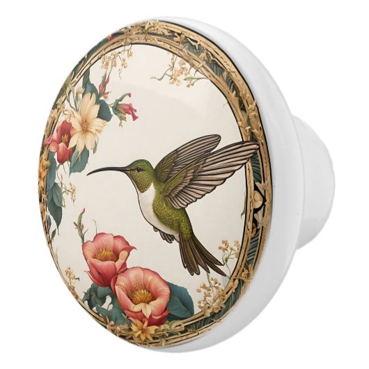 円ビクトリアンフローラ枠のハミングバード セラミックノブ (右)