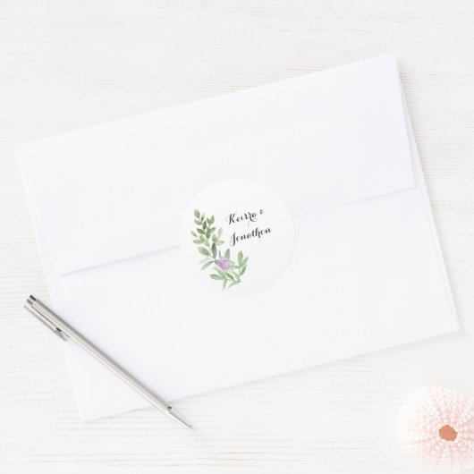 円フローラステッカー緑とラベンダー ラウンドシール (封筒)