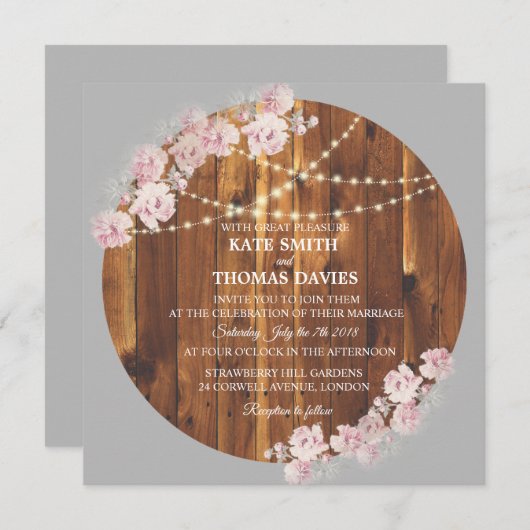 円フローラライトストリング木製の結婚式の招待 招待状 (正面/裏面)