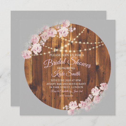 円フローラ灯列ウッドブライダルシャワーカード 招待状 (正面/裏面)