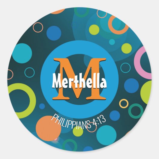 円モダンカラフルモノグラムカスタマイズ青 ラウンドシール (正面)