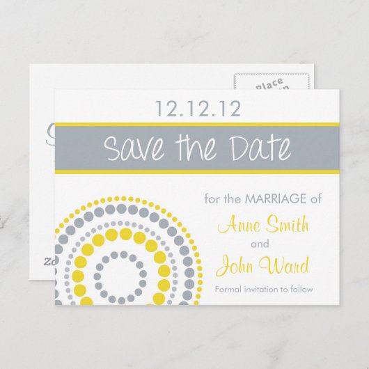 円モダン日付の保存 – 黄色と灰色 案内ポストカード (正面/裏面)
