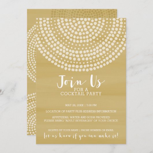 円モダン点パターン – 金ゴールドカクテルパーティー 招待状 (正面/裏面)