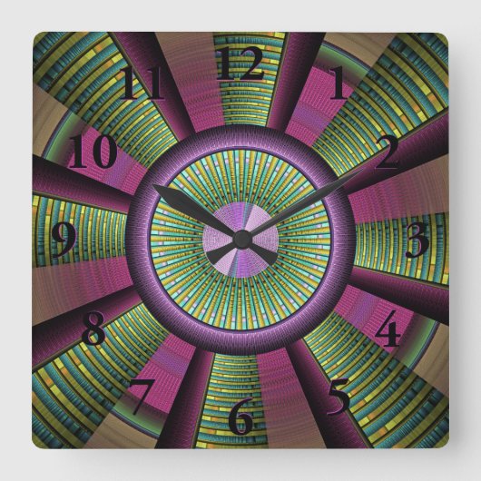 円形およびカラフル装飾モダンフラクタル芸術 スクエア壁時計 (正面)