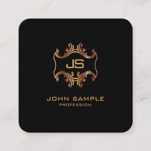 円形になる専門のエレガントな黒および金ゴールドのモダン スクエア名刺 (正面)