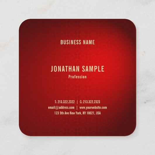 円形になる赤いダマスク織の金ゴールドの文字のシックでモダンなトレンディー スクエア名刺 (裏面)