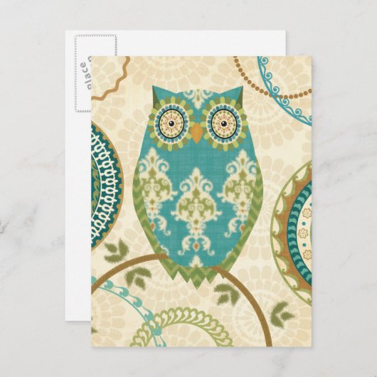 円形の模様を持つフクロウ ポストカード (正面/裏面)