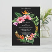円形の熱帯ハワイアン結婚フローラの – 黒 招待状 (スタンド正面)
