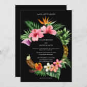 円形の熱帯ハワイアン結婚フローラの – 黒 招待状 (正面/裏面)
