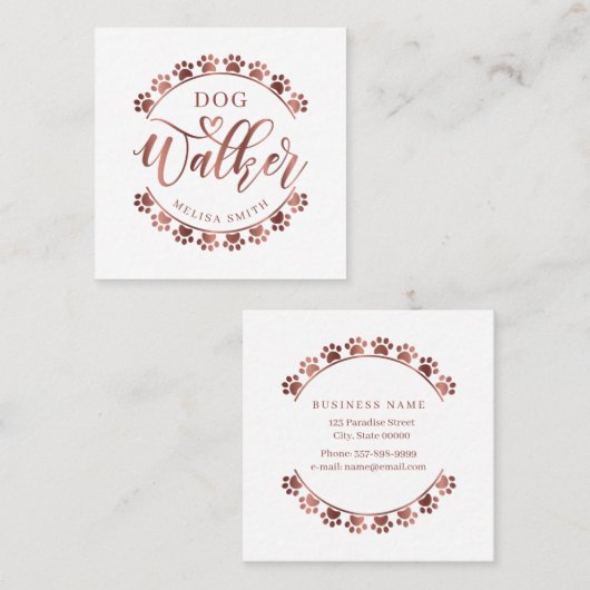 円形の犬歩くのバラ金ゴールド色  スクエア名刺 (正面/裏面)