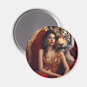 円形の磁石に乗ったタイガーレディ マグネット (正面/裏面)