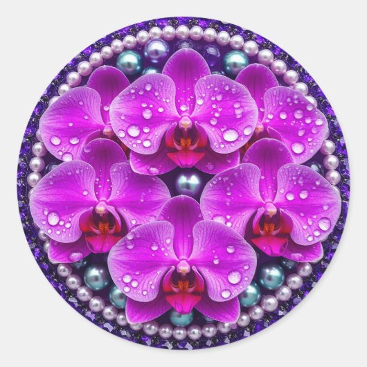 円形の紫の蘭の花束 ラウンドシール (正面)