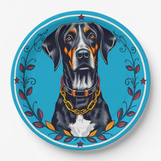 円形の花柄デザインの犬 ペーパープレート (正面)