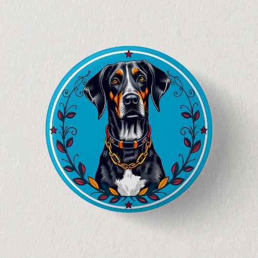 円形の花柄デザインの犬 缶バッジ (正面)