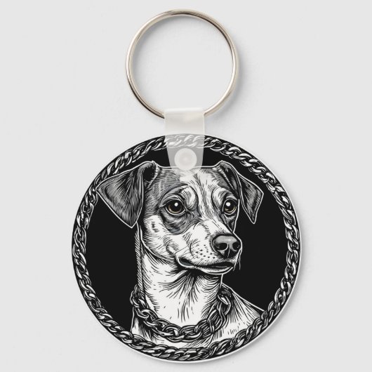 円形の装飾枠の犬 キーホルダー (正面)