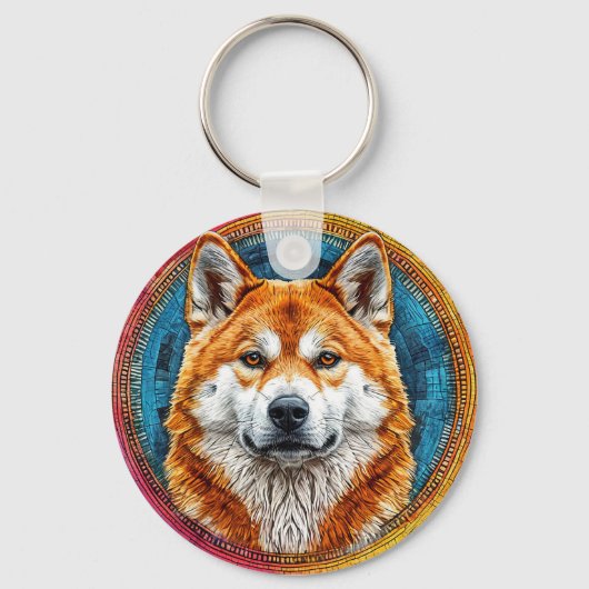 円形アートパターンの犬 キーホルダー (正面)