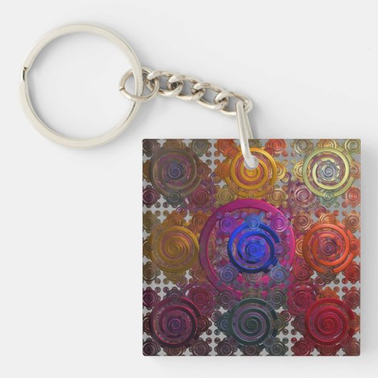 円形カラフルホットプレート正方形キーリング キーホルダー (正面)