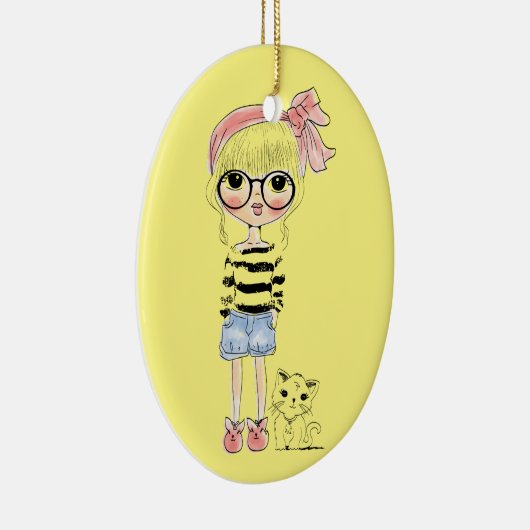円形ガラスおよび彼女の甘い猫を持つかわいい女の子 セラミックオーナメント (右)