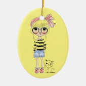 円形ガラスおよび彼女の甘い猫を持つかわいい女の子 セラミックオーナメント (正面)