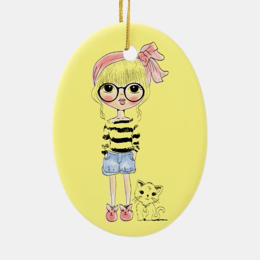 円形ガラスおよび彼女の甘い猫を持つかわいい女の子 セラミックオーナメント (裏面)