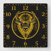 円形デザインに刻まれたバイソンバッファローヘッド スクエア壁時計 (正面)