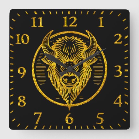 円形デザインに刻まれたバイソンバッファローヘッド スクエア壁時計 (正面)