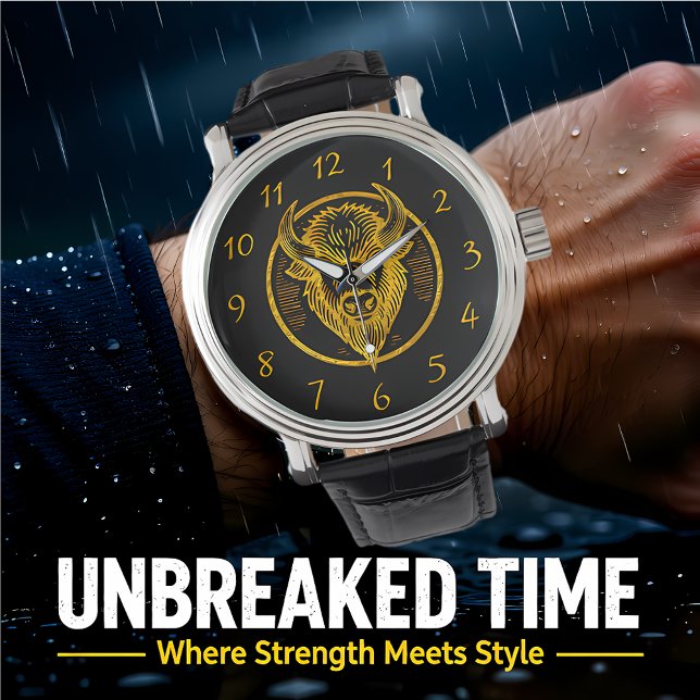 円形デザインに刻まれたバイソンバッファローヘッド 腕時計 (クリエイターアップロード済み)