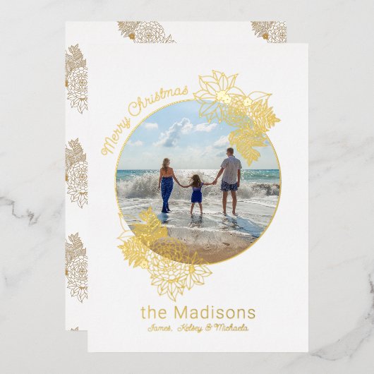 円形フォトフラワーフレーム金ゴールドクリスマス 箔シーズンカード (正面/裏面)