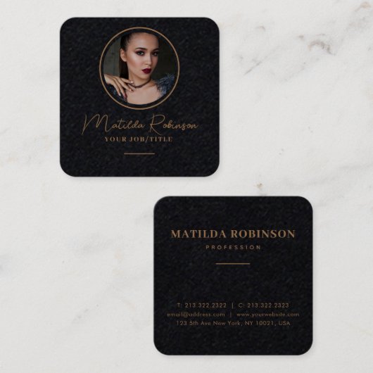 円形フォト金ゴールドプレミアムブラックの追加 スクエア名刺 (正面/裏面)