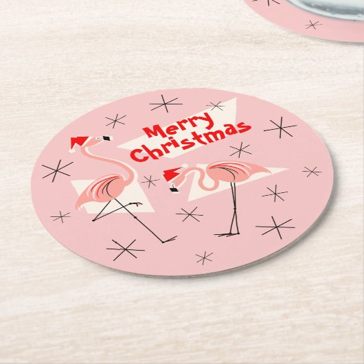 円形フラミンゴのサンタのピンクのメリークリスマス ラウンドペーパーコースター (アングル)
