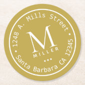 円形モノグラムとアドレスの黄色 ラウンドペーパーコースター (正面)