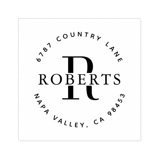 円形モノグラムファミリー名差出人住所ルビー ラバースタンプ (インプリント)