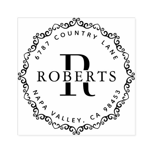 円形モノグラムファミリー名差出人住所ルビー ラバースタンプ (インプリント)