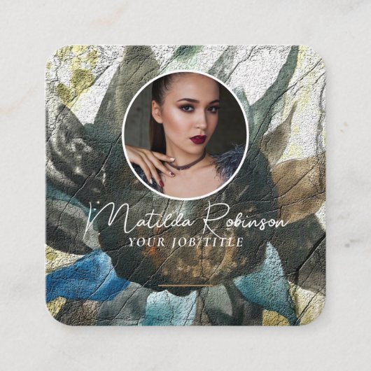 円形写真金ゴールド署名ひまわり花の追加 スクエア名刺 (正面)